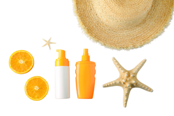 Sunscreen bottles and summer items arranged for a beach getaway, isolated on white, PNG