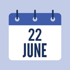 22 June Calendar, Isolated Vector Calendar.