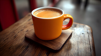 Obraz premium Aromatic coffee in an orange mug on a rustic wooden table. Perfect for cafe, breakfast, or morning routine themes.