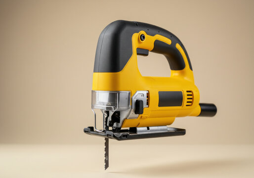 Red electric jigsaw power tool isolated on white background, showing modern ergonomic design with black grip and sharp blade, used for woodworking, carpentry, and precision DIY home projects