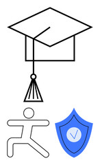 Graduation cap symbolizing education, a fitness figure for health, and a shield with a tick for security. Ideal for wellness, safety, success, learning, health campaigns, personal growth simple