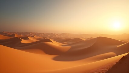 Serene Desert Landscape: Golden Sand Dunes at Sunset, Arid Wilderness and Tranquil Horizon