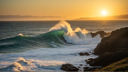 Obraz premium Golden Hour's Embrace: A Powerful Wave Rolls Ashore, Illuminated by the Setting Sun's Radiance on a Rugged Coastline.