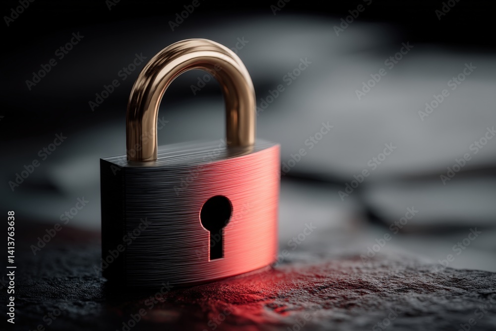 Poster a close-up of a shiny padlock resting on a dark surface, reflecting a warm glow, symbolizing securit