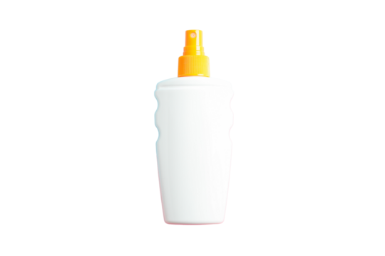 Sunscreen bottle ready for skin care on summer vacation trips, isolated on white, PNG