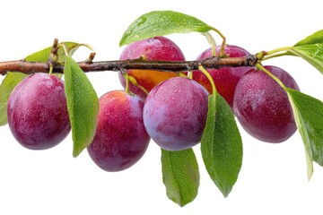 Ripe Plums on Branch with Water Droplets Against White Background