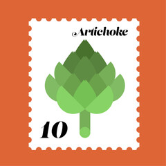 stylized postage stamp design featuring an artichoke