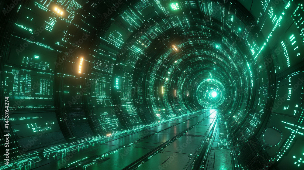 Poster futuristic green tech tunnel with glowing digital code on walls and floor symbolizes data flow innov