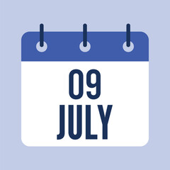 9 July Calendar, Isolated Vector Calendar.