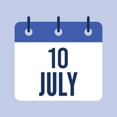 10 July Calendar, Isolated Vector Calendar.