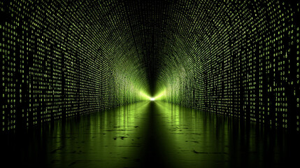 
Futuristic green tech tunnel with glowing digital code on walls and floor symbolizes data flow innovation and sustainable technology in a matrix-like world with deep perspective and energy focus

