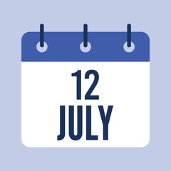 12 July Calendar, Isolated Vector Calendar.