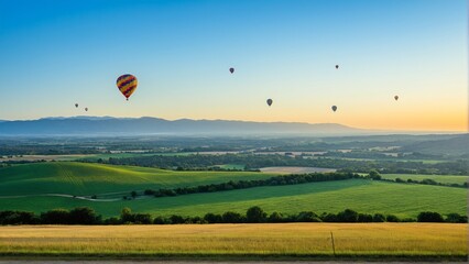 Obraz premium A Serene Flight Above Rolling Green Hills: Hot Air Balloons Silhouetted Against the Dawn Sky Over a Peaceful Valley.
