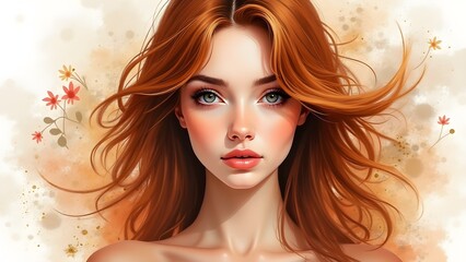 Fototapeta premium Beautiful redhead with flowing hair and floral accents, an elegant digital painting.