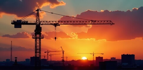Dramatic construction scene at sunset, crane in sharp silhouette , project, construction equipment