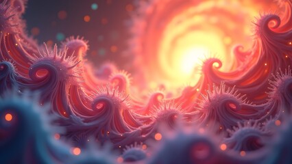 Abstract Microscopic Life: Detailed Cell Structures and Bioluminescent Organisms in a Futuristic Design