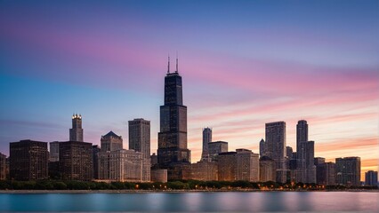 Fototapeta premium Majestic Skyline at Twilight: A Cityscape Bathed in Soft Hues and Reflections Across Tranquil Waters