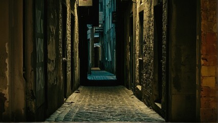 Fototapeta premium An eerie and captivating view down a shadowed alleyway in an old city, creating a sense of mystery and intrigue with historical buildings.