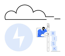Man evaluates risk blocks, lightning bolt, and cloud symbol, emphasizing uncertainty, problem-solving, preparation, analysis, adaptability data management and resilience. Ideal for simple landing