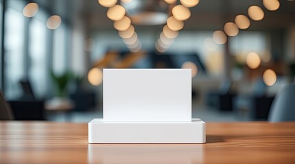Blank business card holder on a wooden table in a modern office.