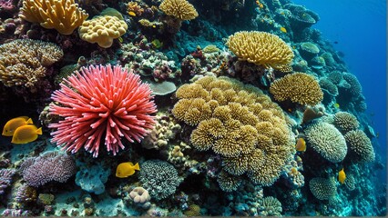 Obraz premium Vibrant Coral Reef Ecosystem Flourishing with Colorful Corals and Schools of Yellow Fish Underwater