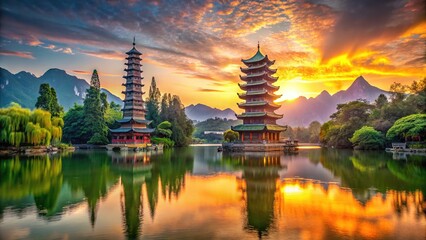 Sun and Moon Pagodas, Shanhu Lake, Guilin, China - Stunning Scenery