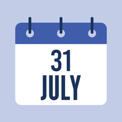 31 July Calendar, Isolated Vector Calendar.