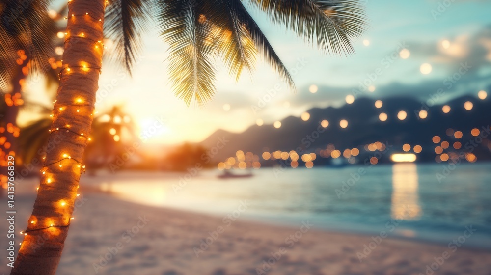 Aufkleber palm trees adorned with glowing string lights frame a stunning sunset over a tranquil beach, creatin