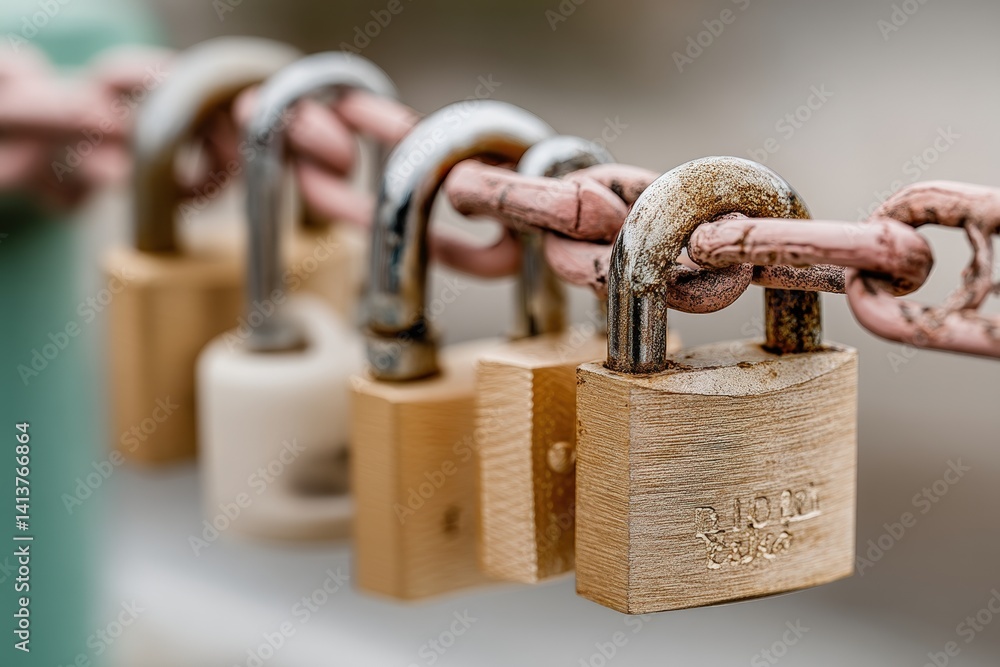 Poster a close-up image of several padlocks attached to a chain, showcasing different sizes and colors with