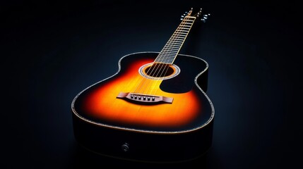 Sunburst acoustic guitar with rim light highlighting six strings, frets, and curved body shape isolated on black background for musical instrument design, performance concepts, and artistic music-them