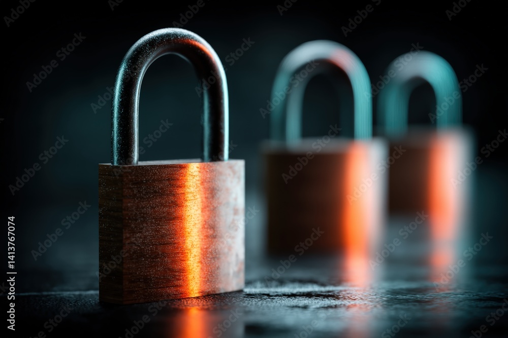 Poster a close-up image of padlocks, showcasing shiny surfaces and a gradient of colors, set against a dark