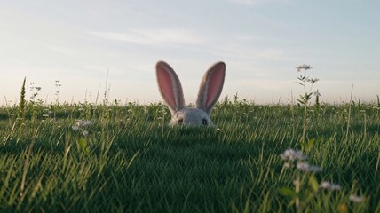 Charming 3D render of bunny ears peeking out from tall grass in a lush meadow filled with wildflowers and soft lighting
