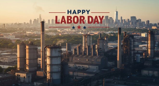 Happy Labor Day banner over industrial city skyline at sunset. Urban landscape with factories and skyscrapers. Celebration of workers' rights and achievements. Greeting card for American holiday.