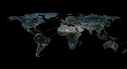 Global Network: Illuminated World Map with Interconnected Nodes