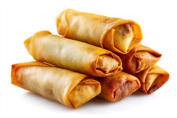 Stack of Golden Fried Spring Rolls on White Background Ready to Eat