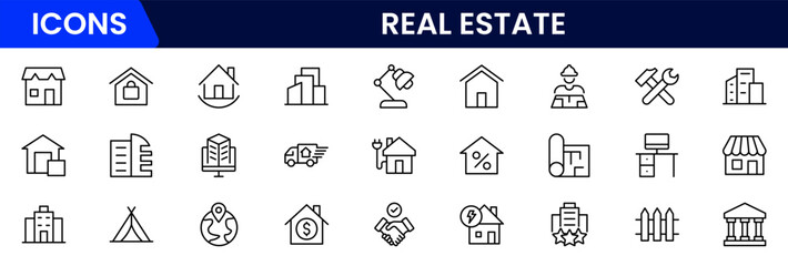 Vector illustration web line icon collection featuring real estate themes—property listings, house keys, contracts, location pins, home loans, buildings, investment, and architectural planning.