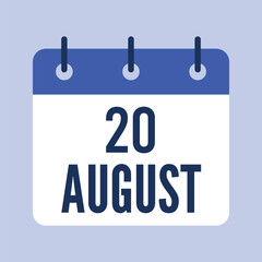 20 August Calendar, Isolated Vector Calendar.
