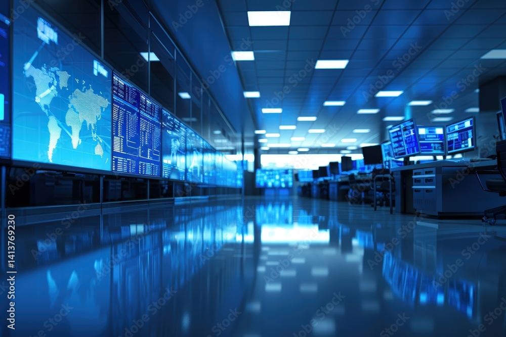 Poster a modern, high-tech workspace featuring large screens displaying data, illuminated by soft blue ligh