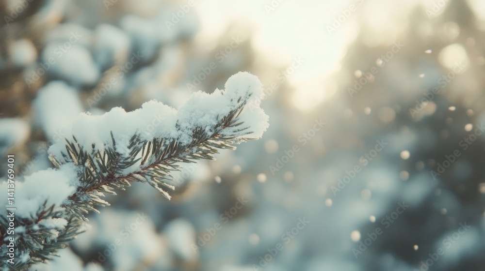 Poster snow gently blankets pine branches in a tranquil forest as sunlight filters through, creating a magi