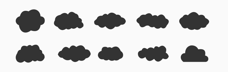 Cloud icon set. Simple cloudy shapes. Cartoon white puffy, fluffy and cumulus clouds in blue sky. Abstract comic weather elements. Cloud Vector Stock Collection