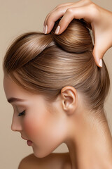 Fototapeta premium Elegant hair updo styling techniques studio setting beauty photography soft lighting profile view contemporary aesthetics