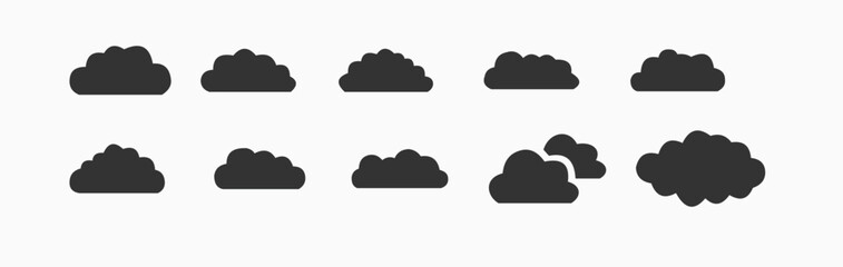Cloud icon set. Simple cloudy shapes. Cartoon white puffy, fluffy and cumulus clouds in blue sky. Abstract comic weather elements. Cloud Vector Stock Collection