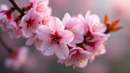 Naklejka premium Delicate Pink Cherry Blossoms in Bloom with Dew Drops, Soft Focus Close-Up