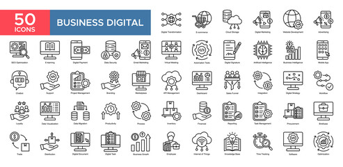 Business Digital collection set. Business Digital, Digital Transformation , E-commerce, Digital Marketing, Advertaising, Business intelligence, Email Marketing, Workflow, icon. Simple flat vector illu