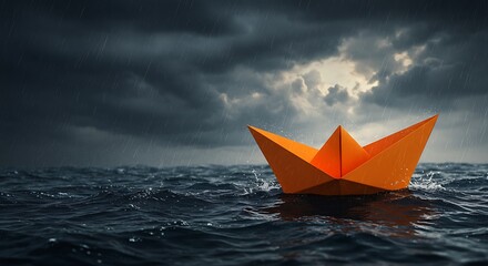 Orange Paper Boat Braving a Stormy Sea: A Dramatic Visual