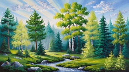 A serene and vibrant landscape, teeming with lush greenery, featuring varied species of trees with dense foliage