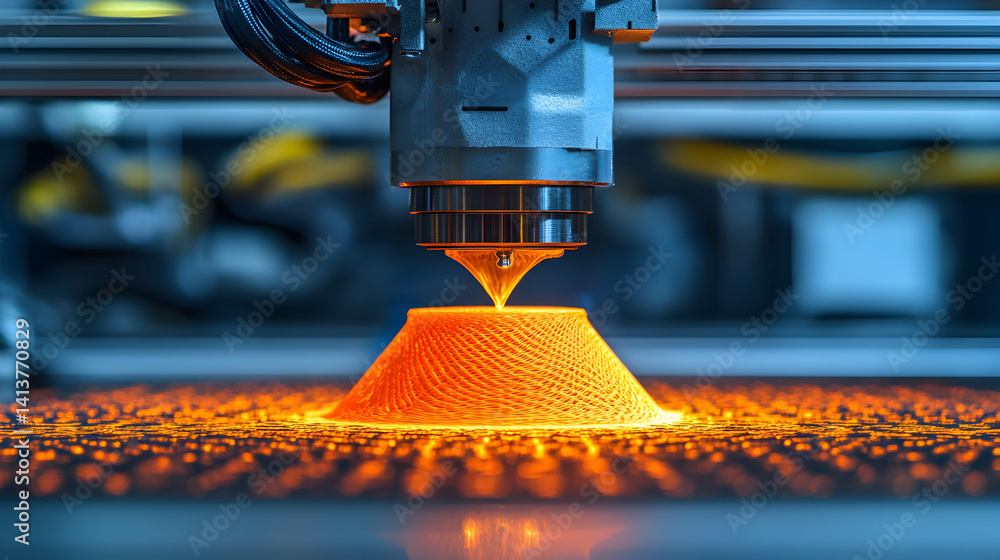 Poster close-up of an industrial 3d printer in action, creating a glowing orange object, showcasing intrica