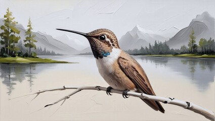 A stunning minimalist portrait of a wise colibr&iacute;, perched gracefully on a branch with its eyes wide open