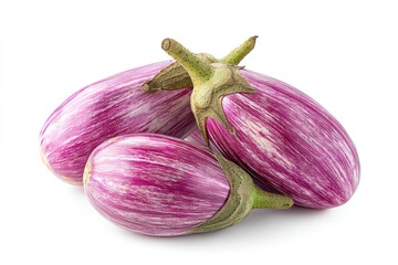 Three Graffiti Eggplants Stacked Showing Texture and Detail on White Background