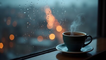 Steaming Coffee Cup by Window on a Rainy Night with Bokeh City Lights, Calm and Cozy. 